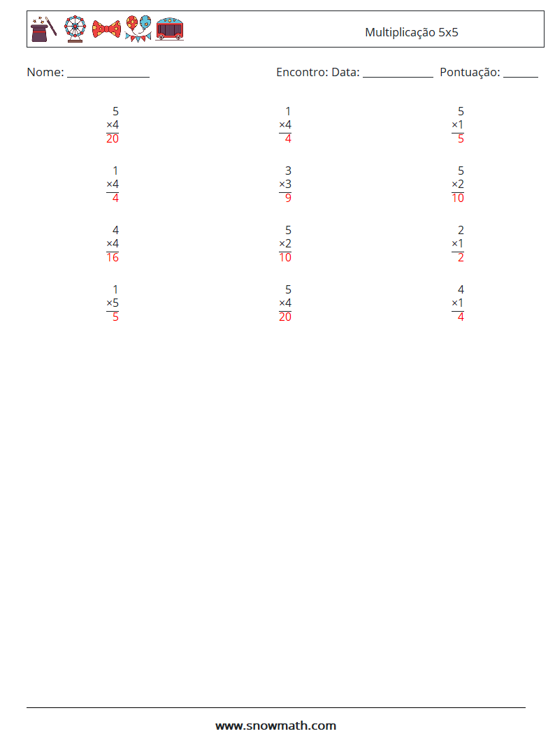 (12) Multiplicação 5x5 planilhas matemáticas 9 Pergunta, Resposta