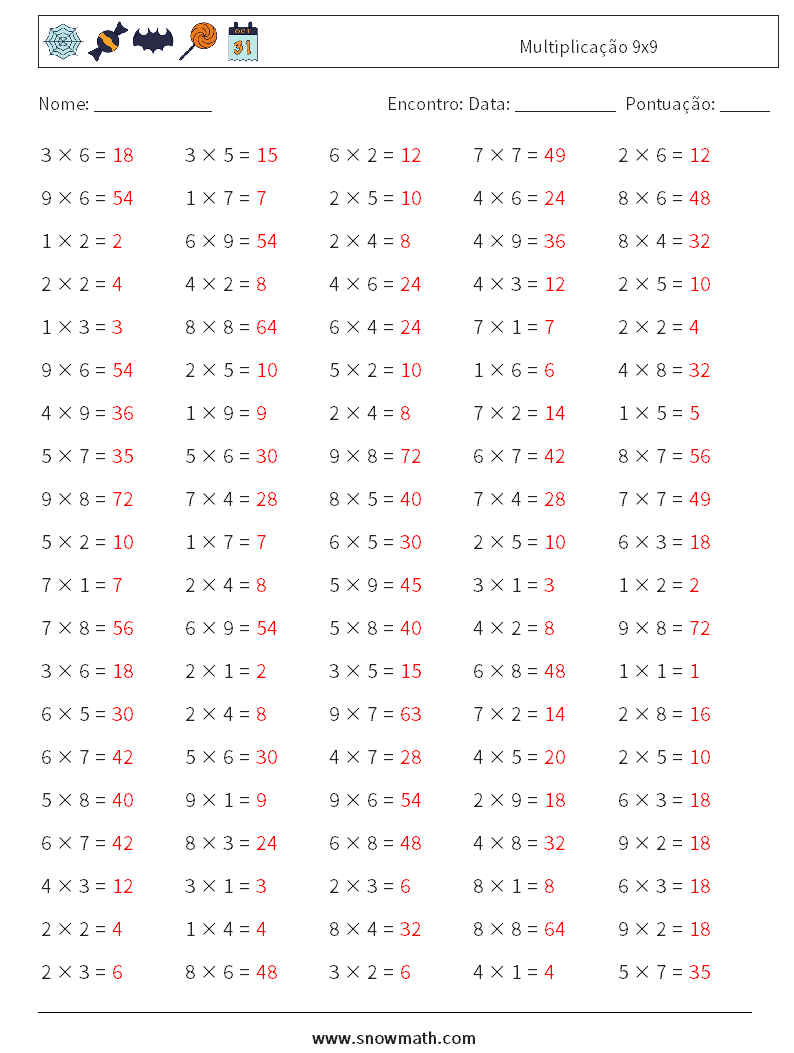 (100) Multiplicação 9x9 planilhas matemáticas 1 Pergunta, Resposta