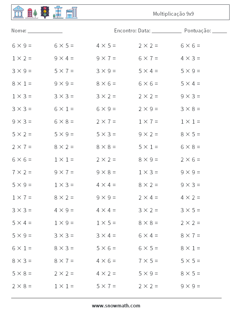 (100) Multiplicação 9x9 planilhas matemáticas 2