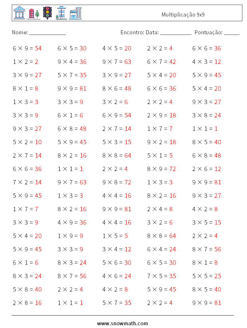 (100) Multiplicação 9x9 planilhas matemáticas 2 Pergunta, Resposta