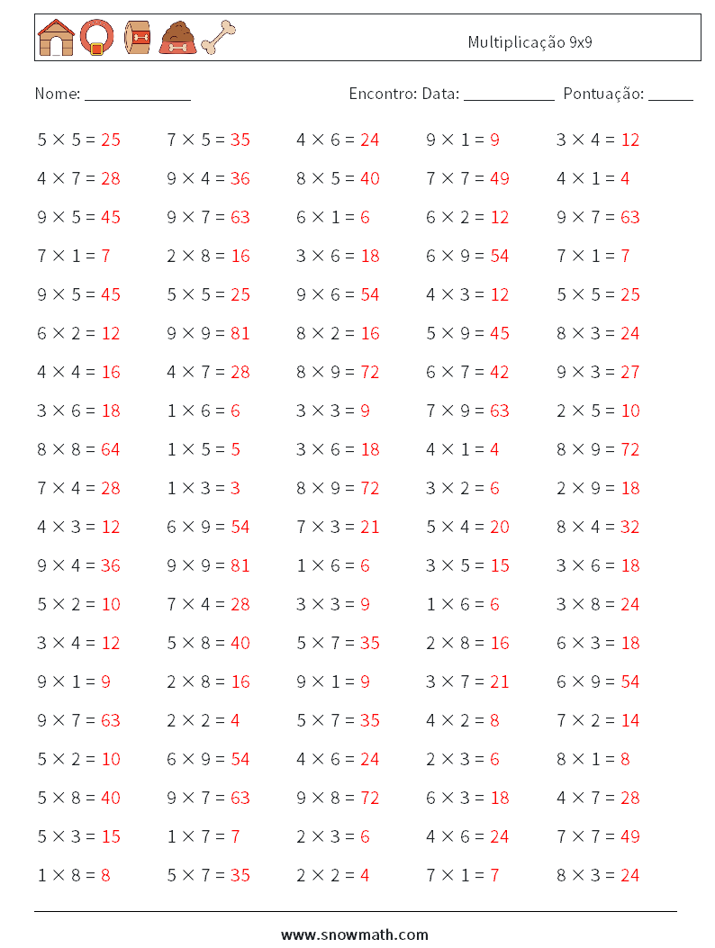 (100) Multiplicação 9x9 planilhas matemáticas 3 Pergunta, Resposta