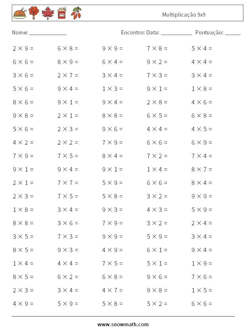 (100) Multiplicação 9x9 planilhas matemáticas 4