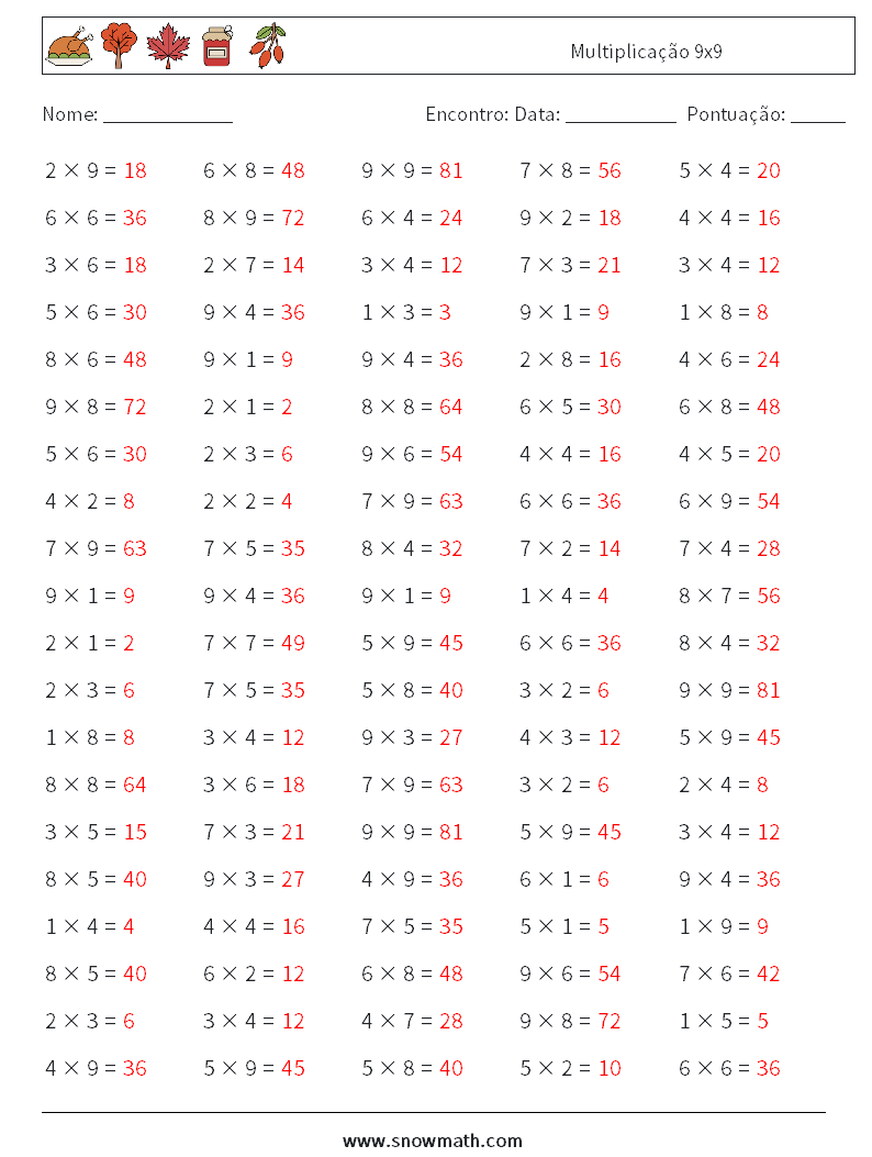 (100) Multiplicação 9x9 planilhas matemáticas 4 Pergunta, Resposta