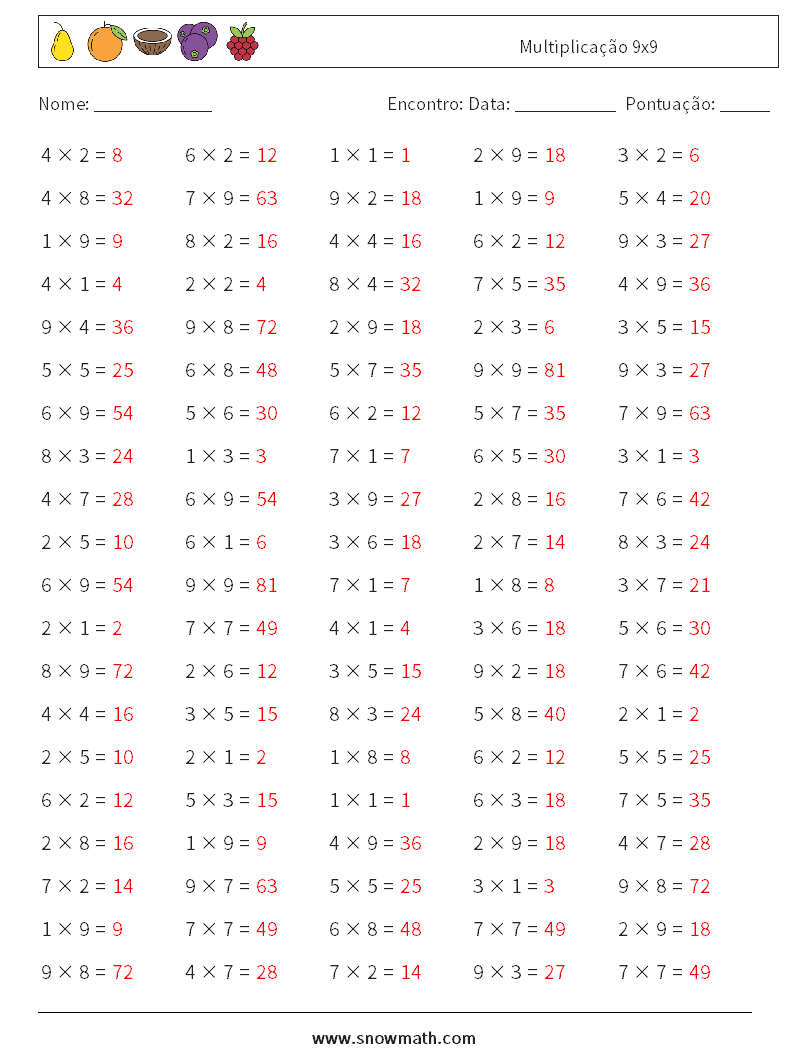 (100) Multiplicação 9x9 planilhas matemáticas 5 Pergunta, Resposta