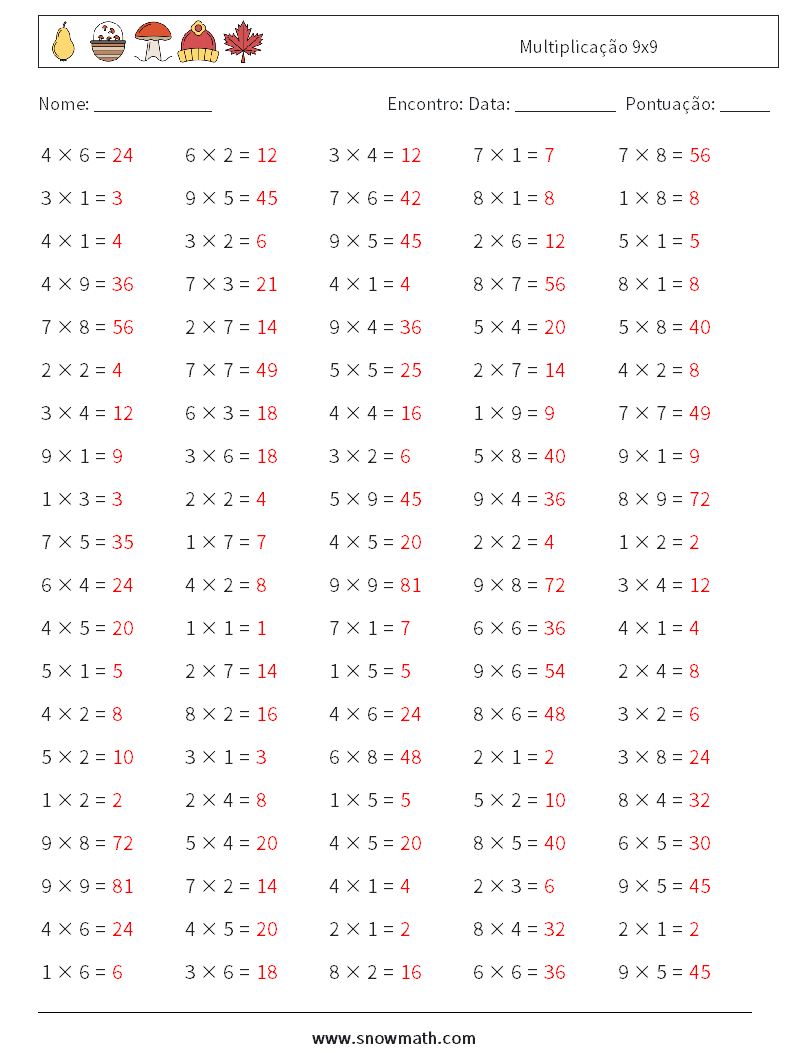 (100) Multiplicação 9x9 planilhas matemáticas 7 Pergunta, Resposta