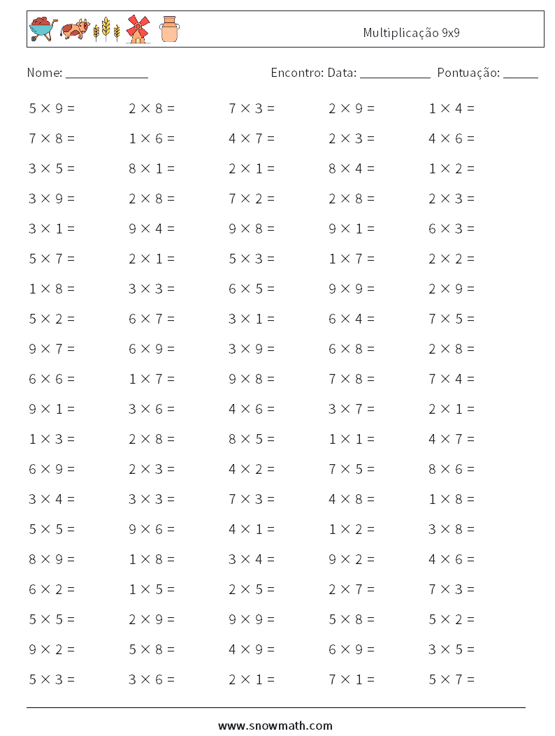 (100) Multiplicação 9x9 planilhas matemáticas 8