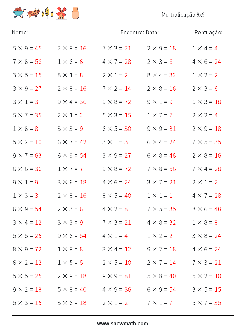 (100) Multiplicação 9x9 planilhas matemáticas 8 Pergunta, Resposta