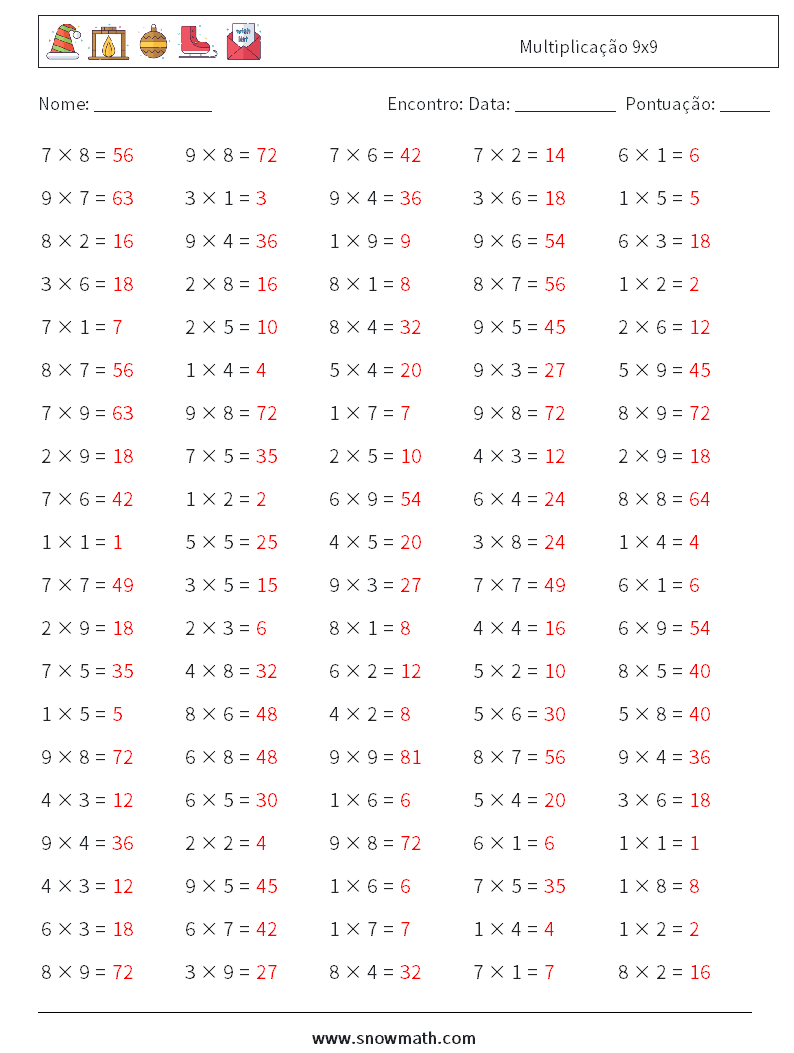 (100) Multiplicação 9x9 planilhas matemáticas 9 Pergunta, Resposta