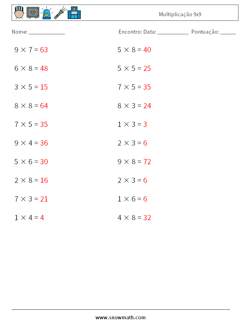 (20) Multiplicação 9x9 planilhas matemáticas 1 Pergunta, Resposta