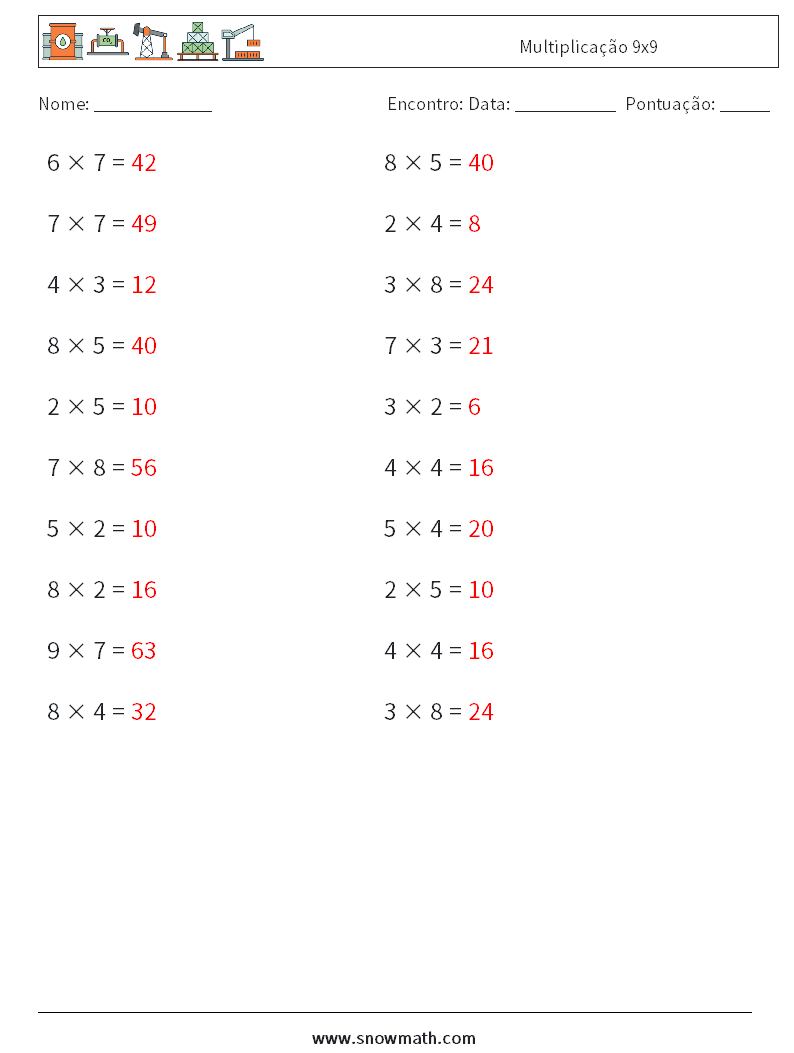 (20) Multiplicação 9x9 planilhas matemáticas 2 Pergunta, Resposta