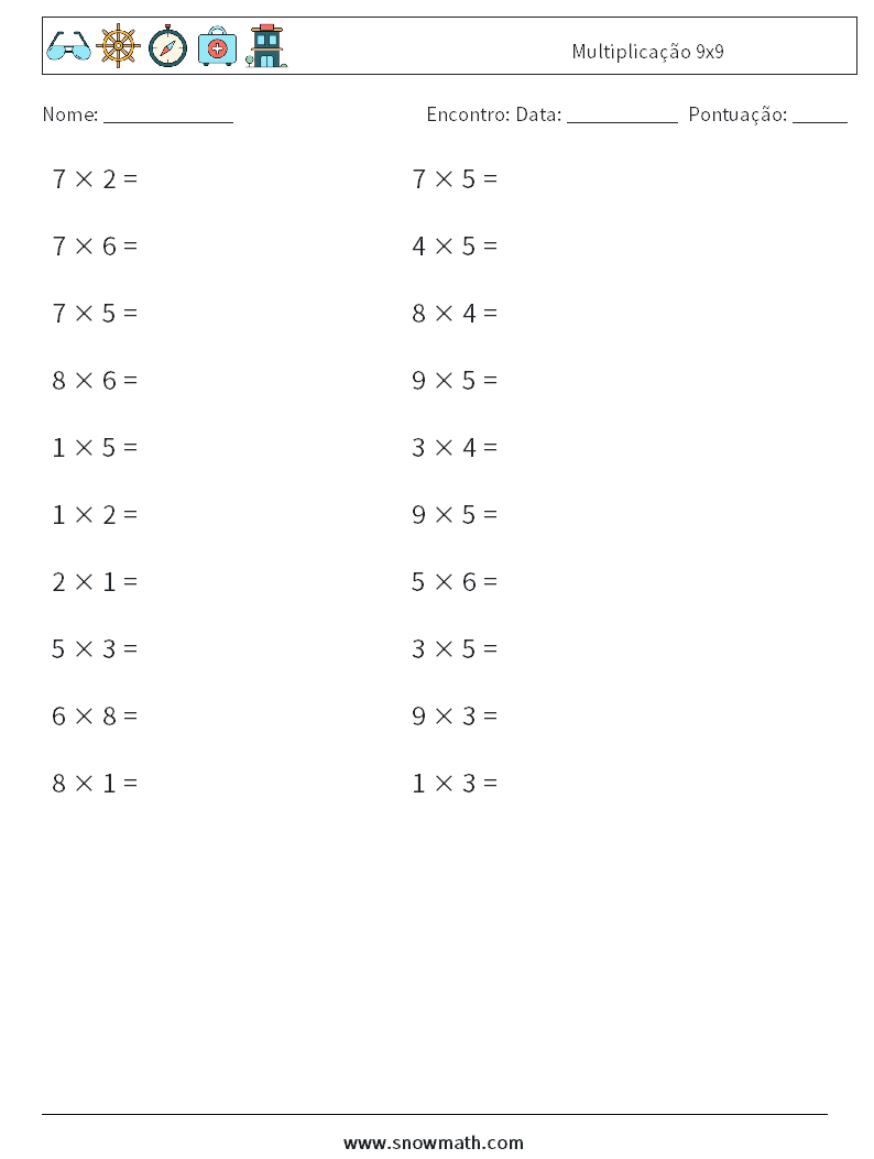 (20) Multiplicação 9x9 planilhas matemáticas 3