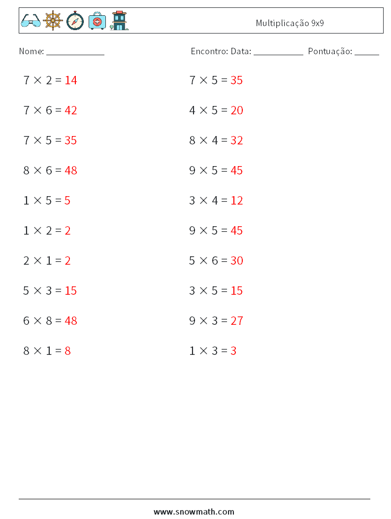 (20) Multiplicação 9x9 planilhas matemáticas 3 Pergunta, Resposta