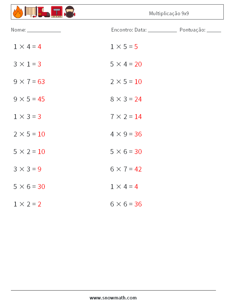 (20) Multiplicação 9x9 planilhas matemáticas 4 Pergunta, Resposta