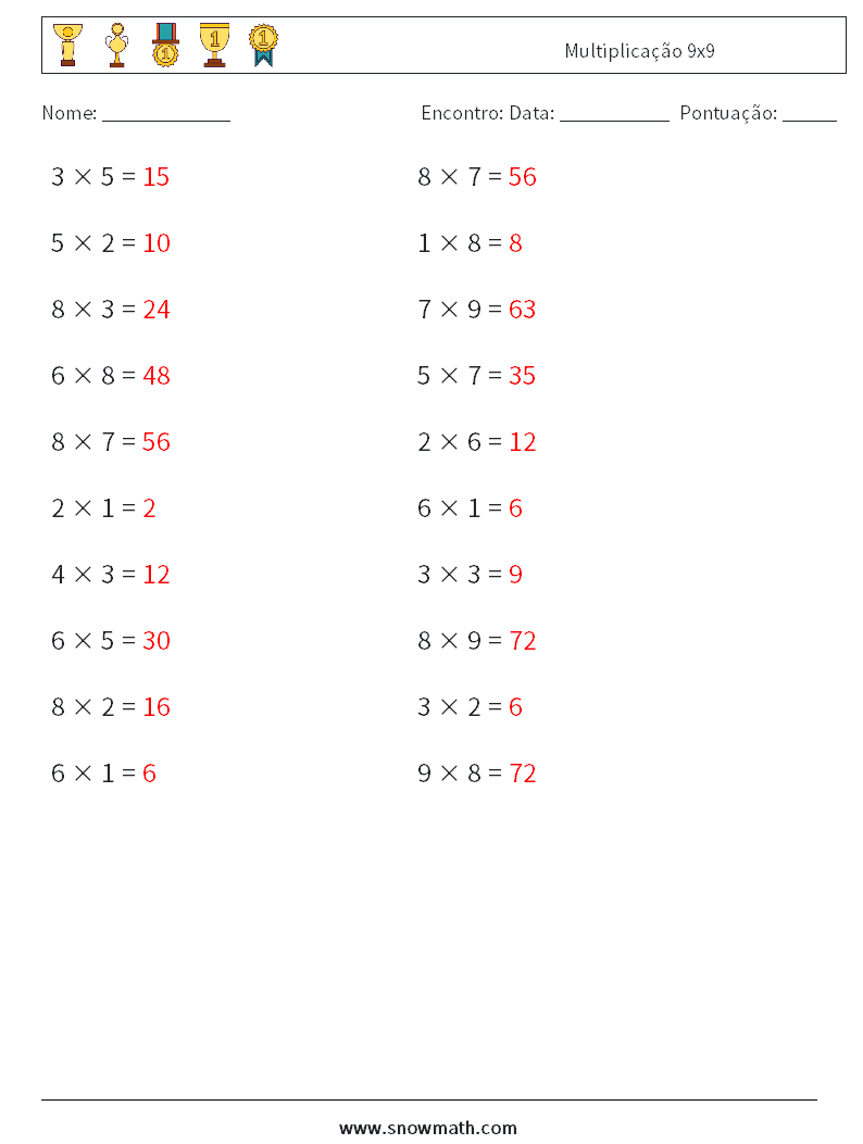(20) Multiplicação 9x9 planilhas matemáticas 5 Pergunta, Resposta