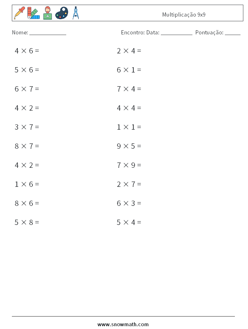 (20) Multiplicação 9x9 planilhas matemáticas 7
