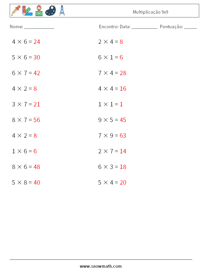 (20) Multiplicação 9x9 planilhas matemáticas 7 Pergunta, Resposta