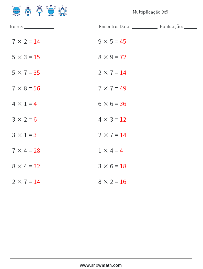 (20) Multiplicação 9x9 planilhas matemáticas 8 Pergunta, Resposta