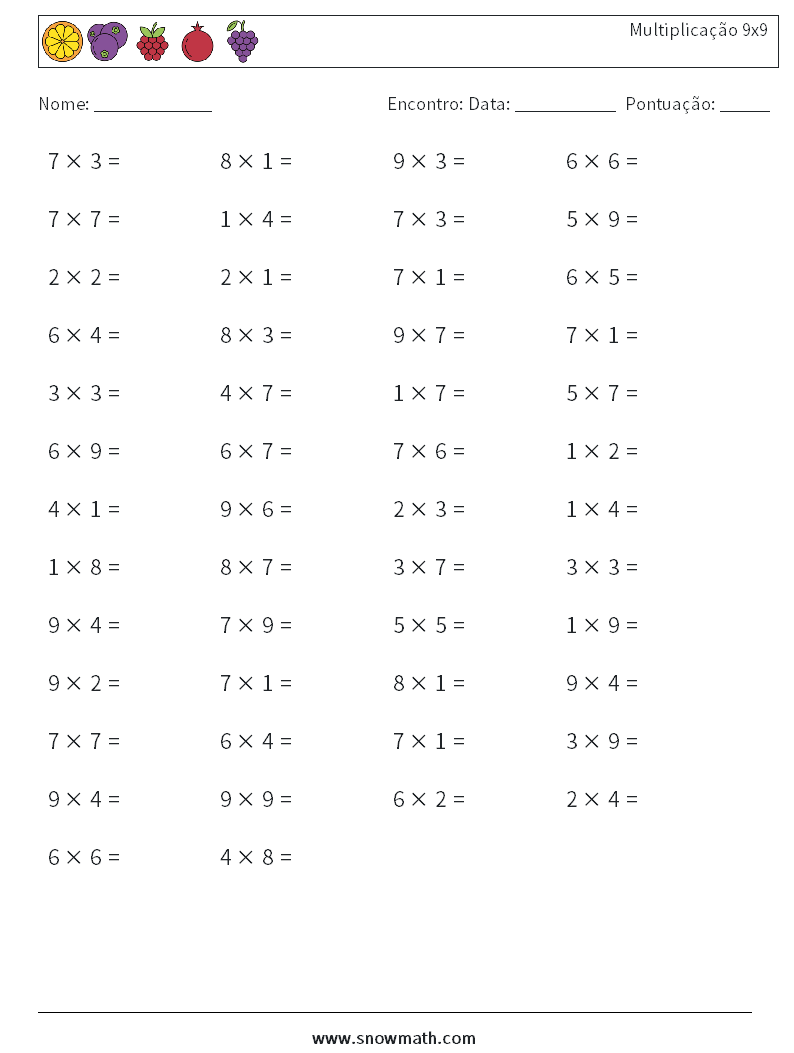 (50) Multiplicação 9x9 planilhas matemáticas 4