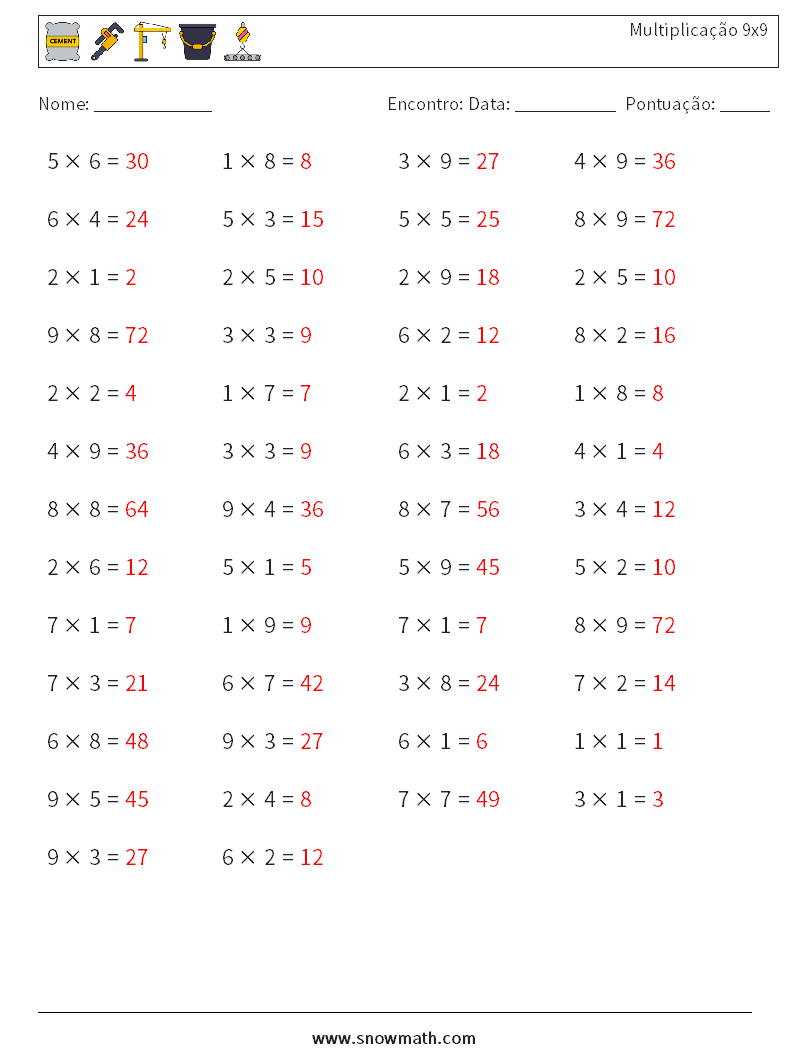 (50) Multiplicação 9x9 planilhas matemáticas 8 Pergunta, Resposta