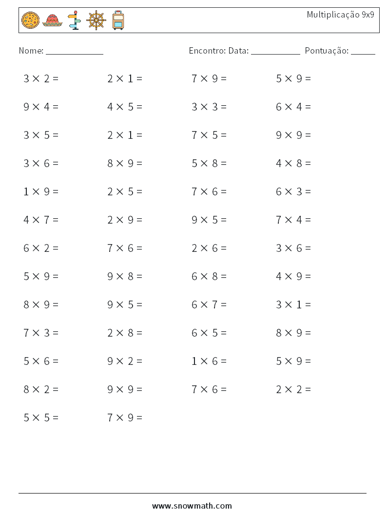 (50) Multiplicação 9x9 planilhas matemáticas 9