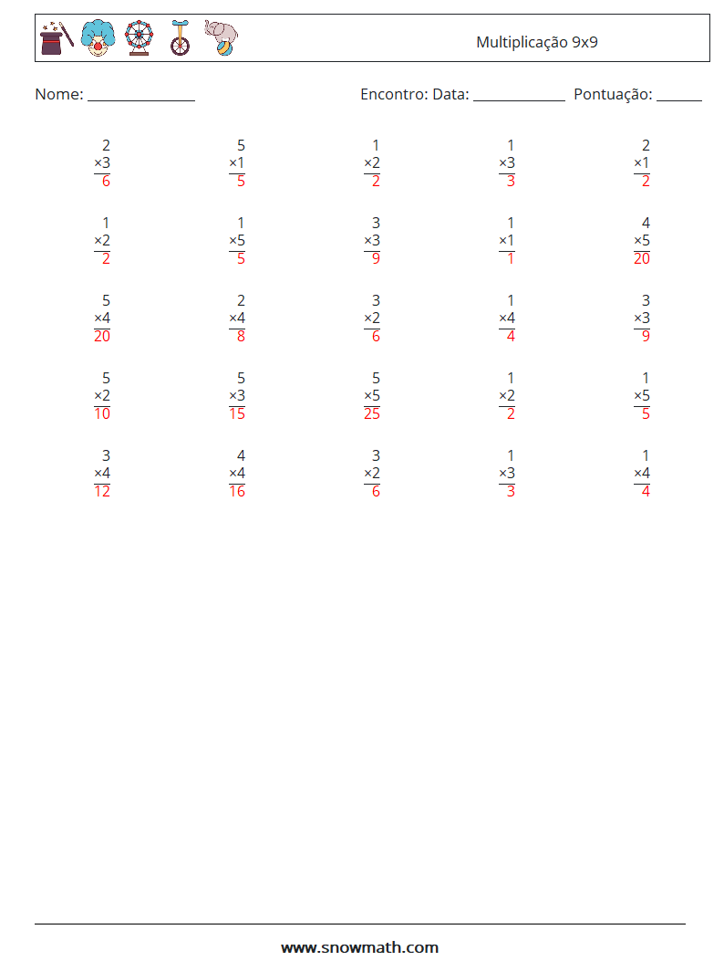 (25) Multiplicação 9x9 planilhas matemáticas 2 Pergunta, Resposta