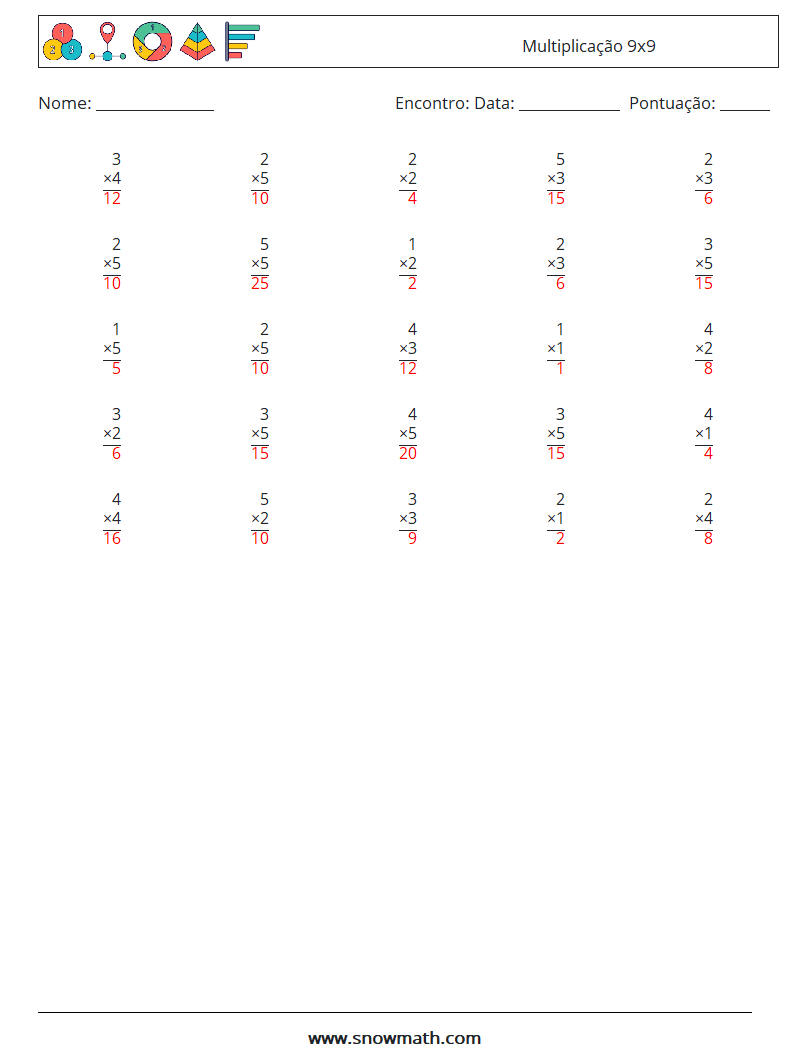(25) Multiplicação 9x9 planilhas matemáticas 3 Pergunta, Resposta