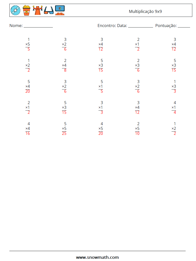 (25) Multiplicação 9x9 planilhas matemáticas 4 Pergunta, Resposta