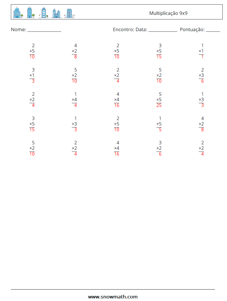 (25) Multiplicação 9x9 planilhas matemáticas 5 Pergunta, Resposta