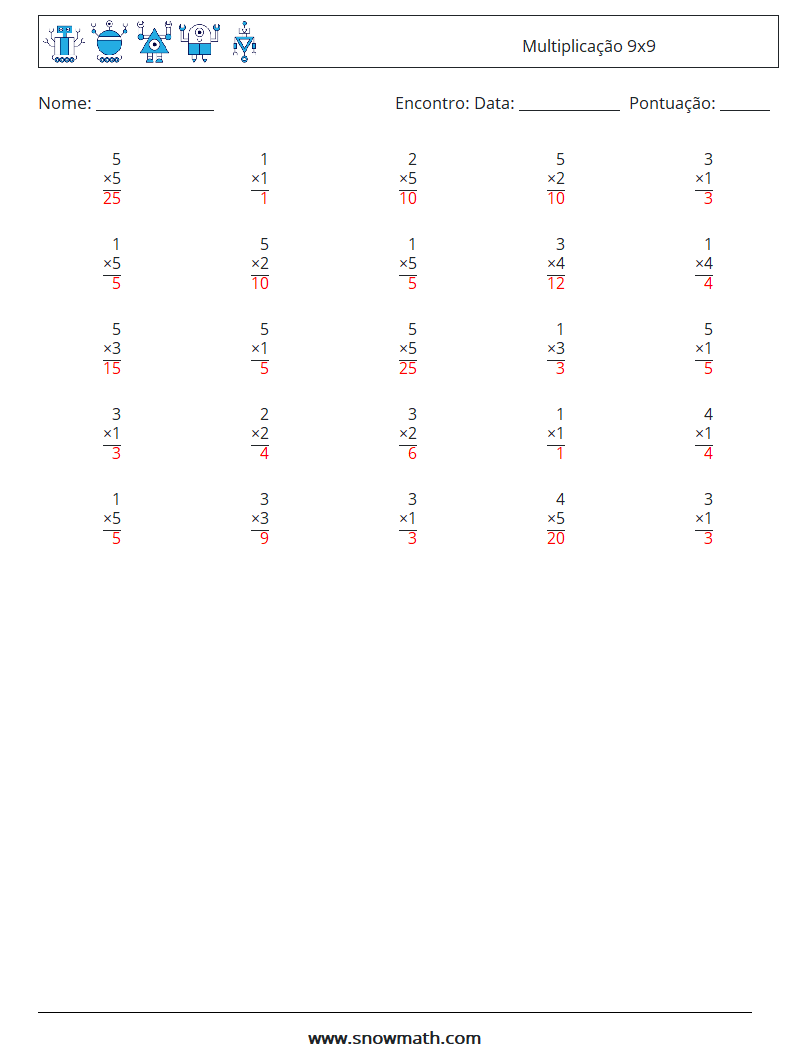 (25) Multiplicação 9x9 planilhas matemáticas 6 Pergunta, Resposta