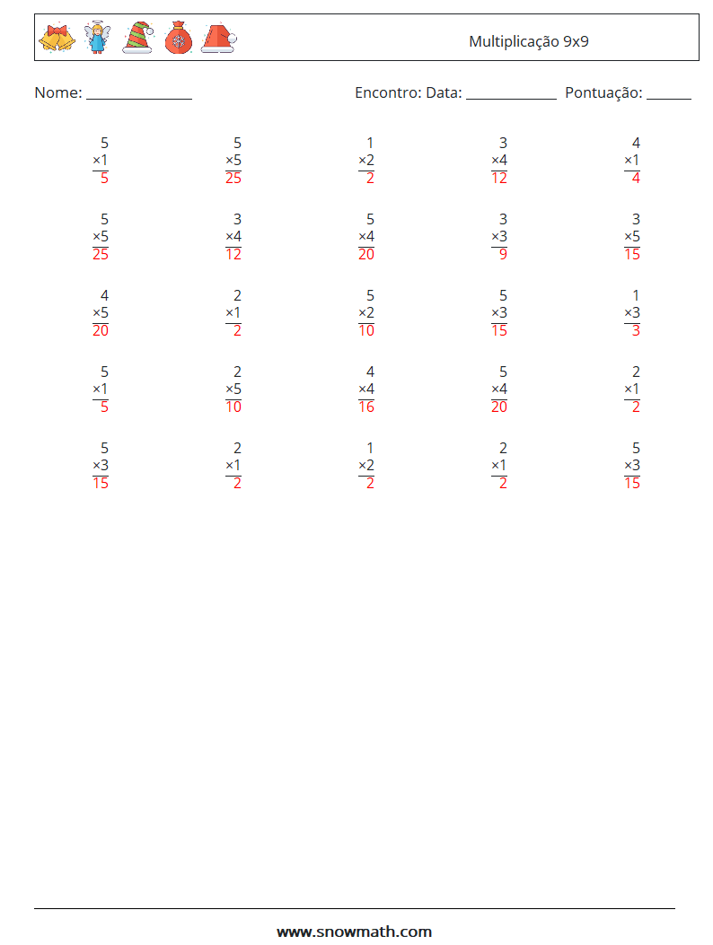 (25) Multiplicação 9x9 planilhas matemáticas 9 Pergunta, Resposta
