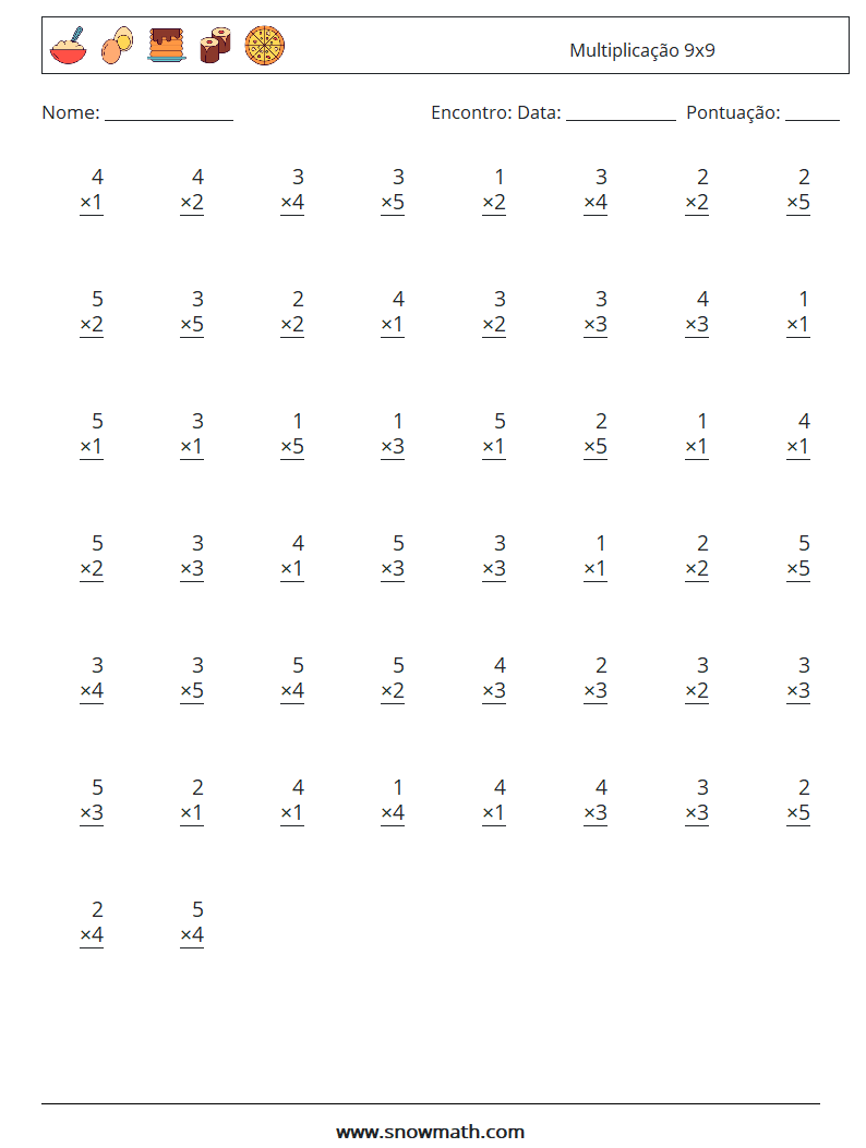 (50) Multiplicação 9x9 planilhas matemáticas 3