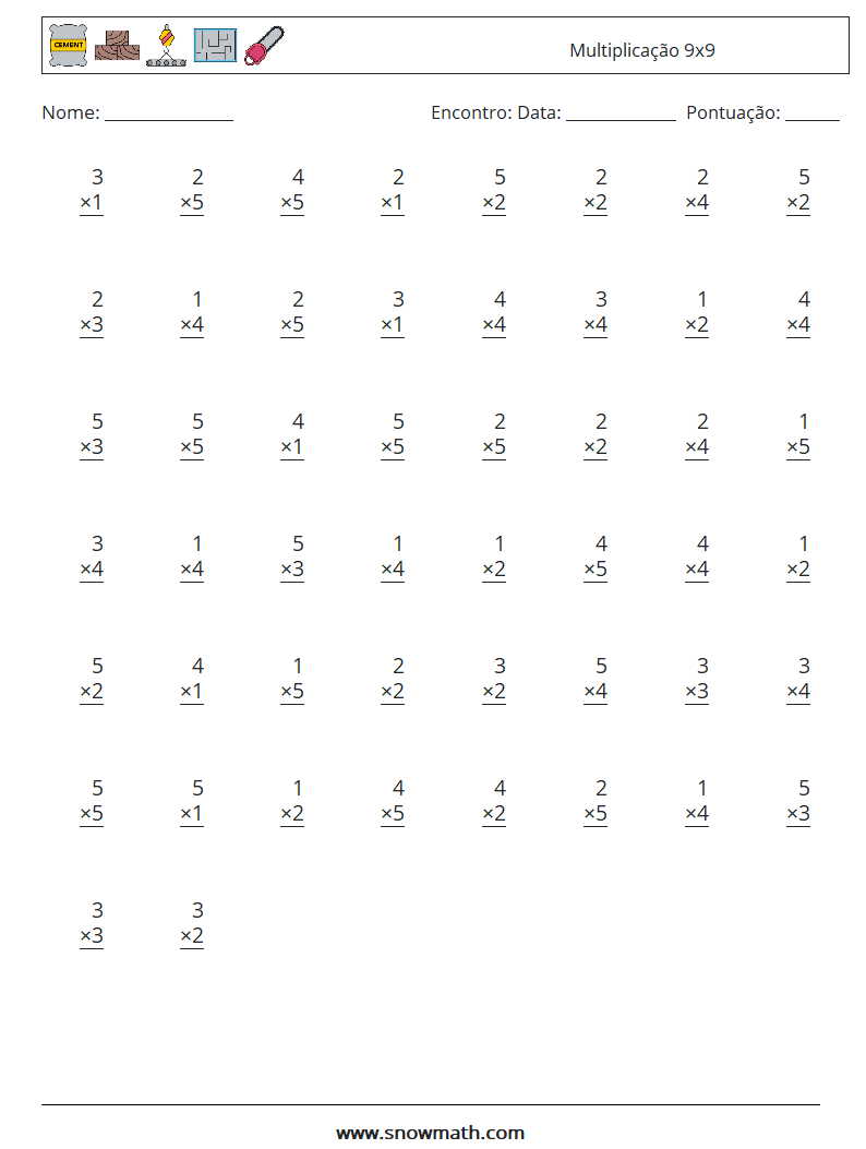 (50) Multiplicação 9x9 planilhas matemáticas 5