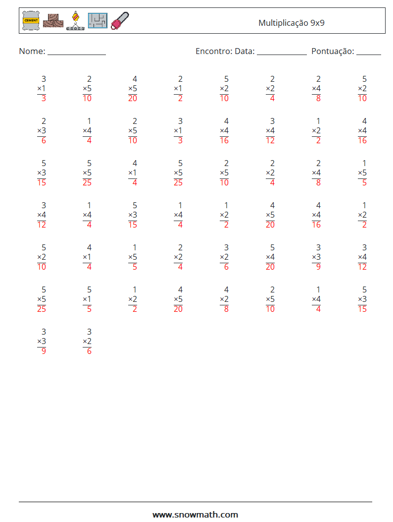 (50) Multiplicação 9x9 planilhas matemáticas 5 Pergunta, Resposta