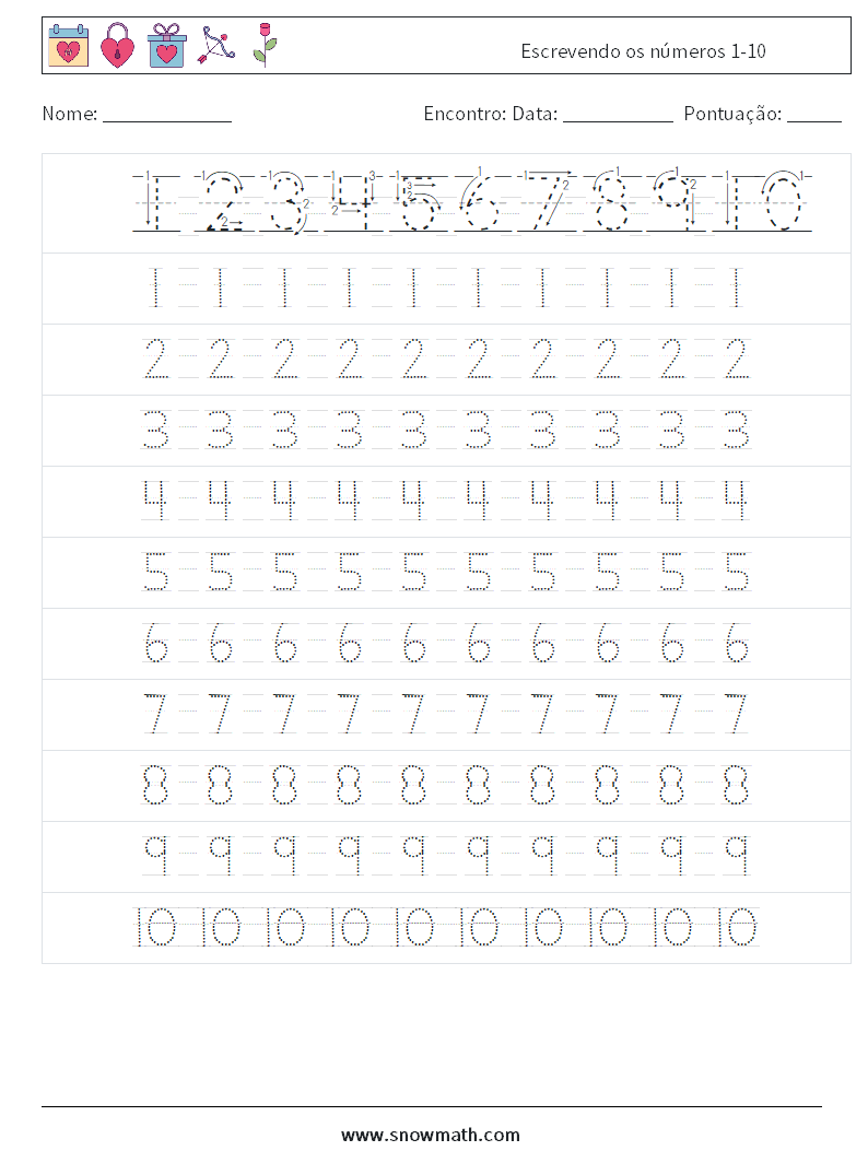 Escrevendo os números 1-10 planilhas matemáticas 2