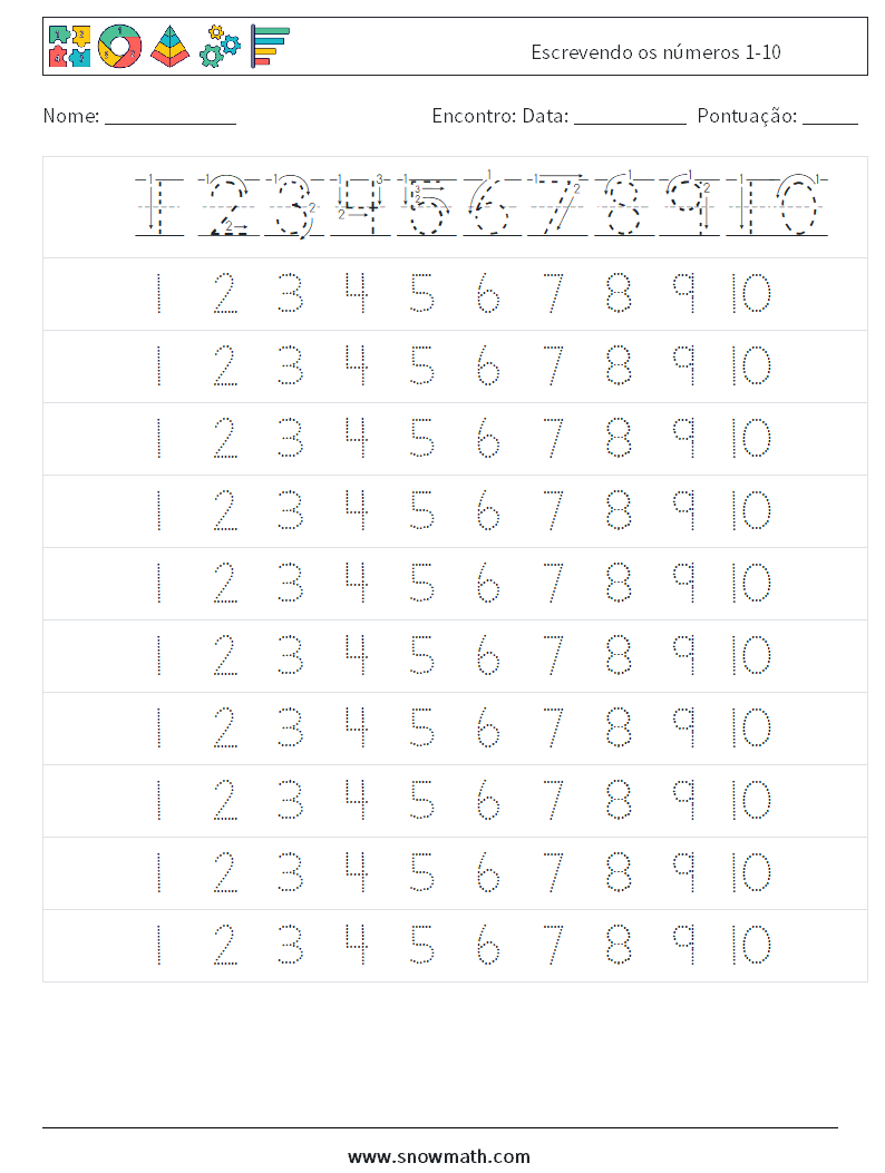 Escrevendo os números 1-10 planilhas matemáticas 3