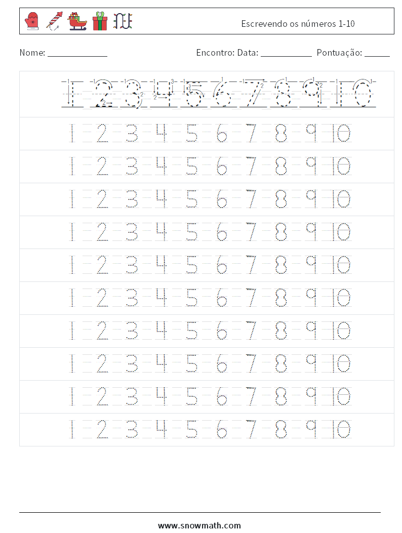 Escrevendo os números 1-10 planilhas matemáticas 4