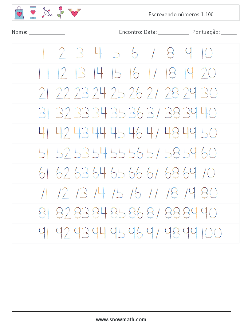 Escrevendo números 1-100 planilhas matemáticas 1