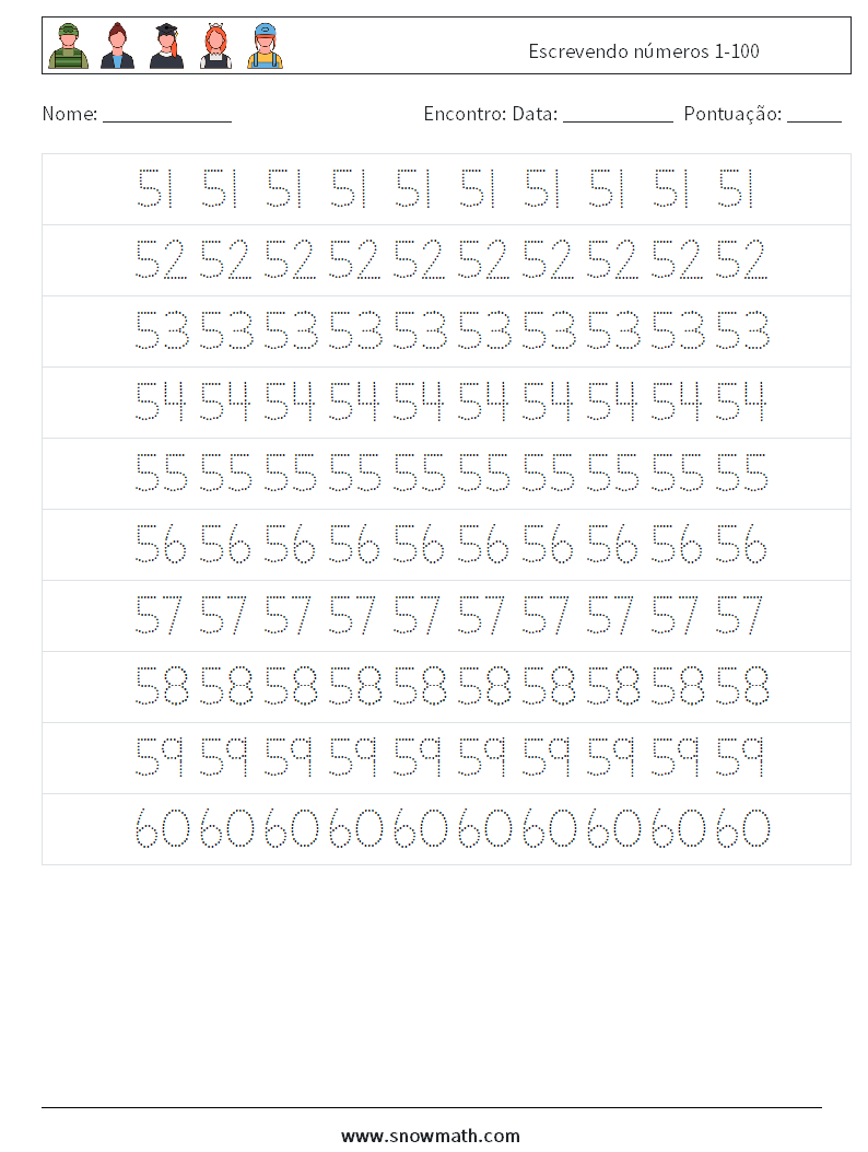 Escrevendo números 1-100 planilhas matemáticas 11