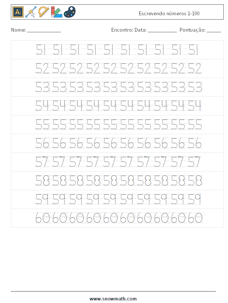 Escrevendo números 1-100 planilhas matemáticas 12