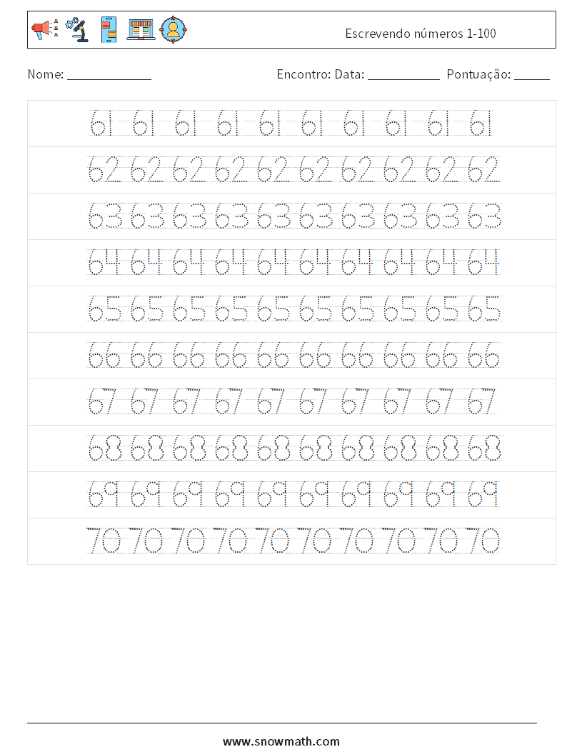 Escrevendo números 1-100 planilhas matemáticas 14