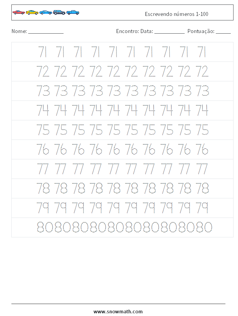 Escrevendo números 1-100 planilhas matemáticas 15