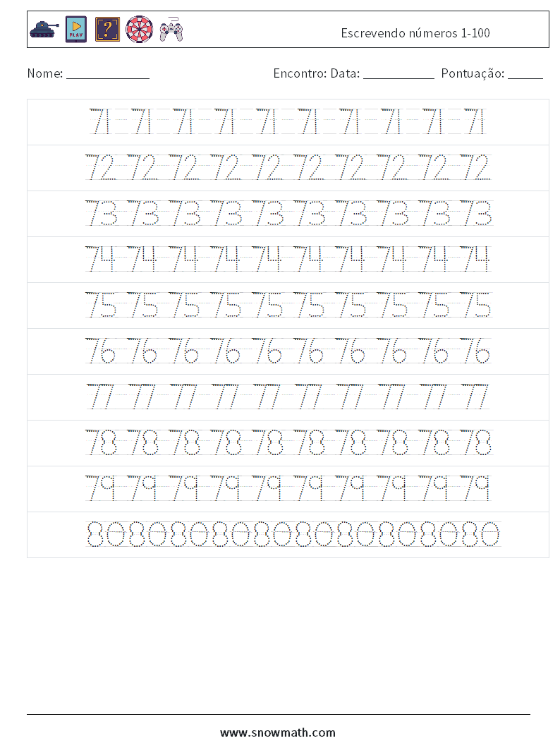 Escrevendo números 1-100 planilhas matemáticas 16