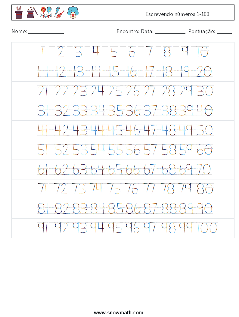 Escrevendo números 1-100 planilhas matemáticas 2