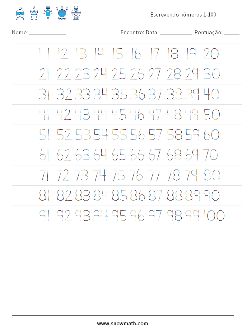 Escrevendo números 1-100 planilhas matemáticas 21