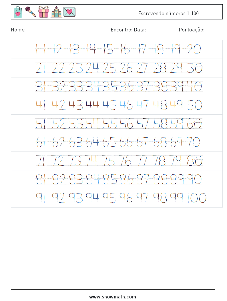 Escrevendo números 1-100 planilhas matemáticas 22