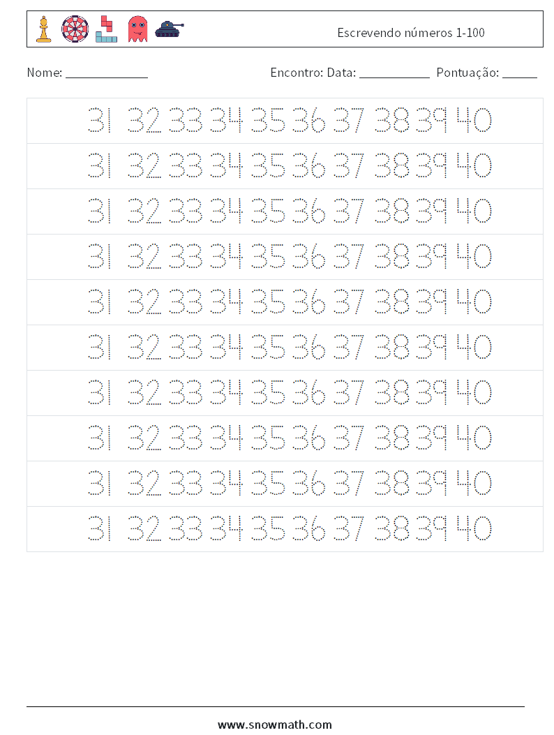 Escrevendo números 1-100 planilhas matemáticas 27
