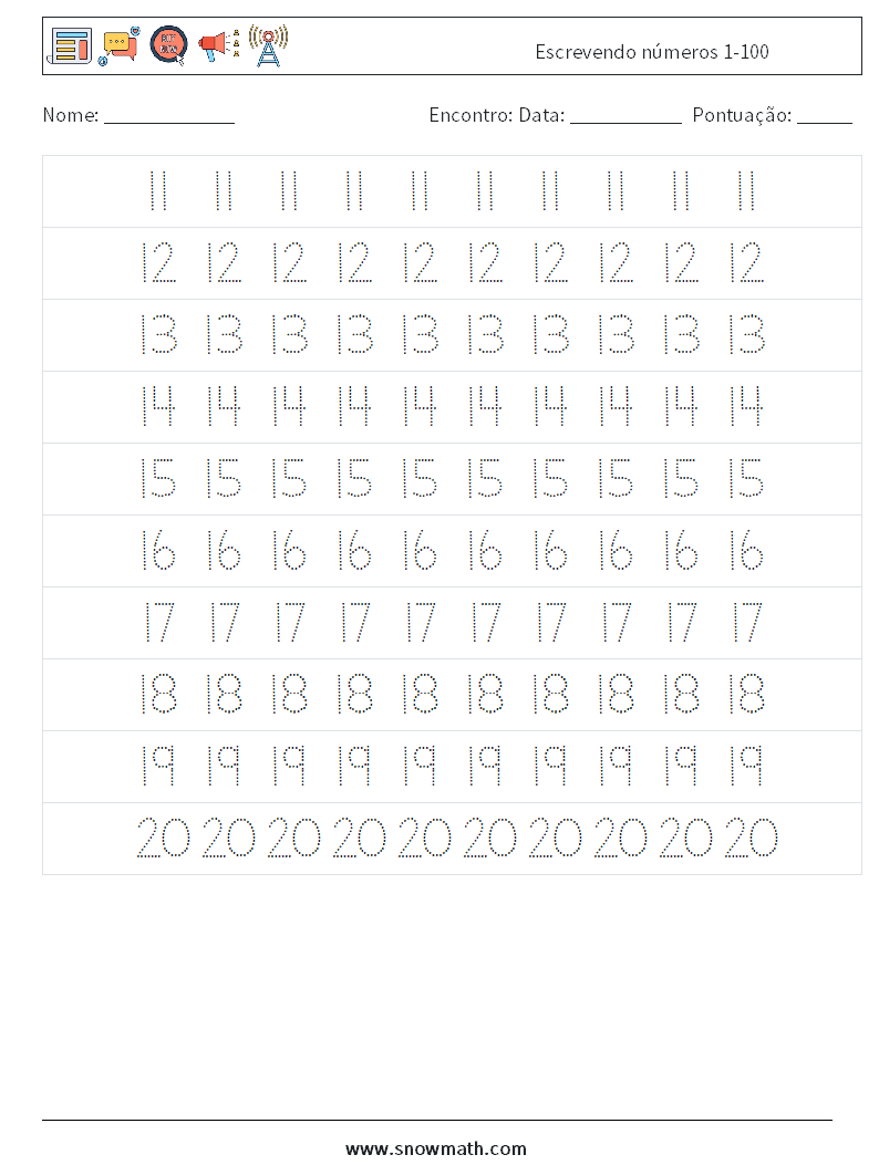 Escrevendo números 1-100 planilhas matemáticas 3