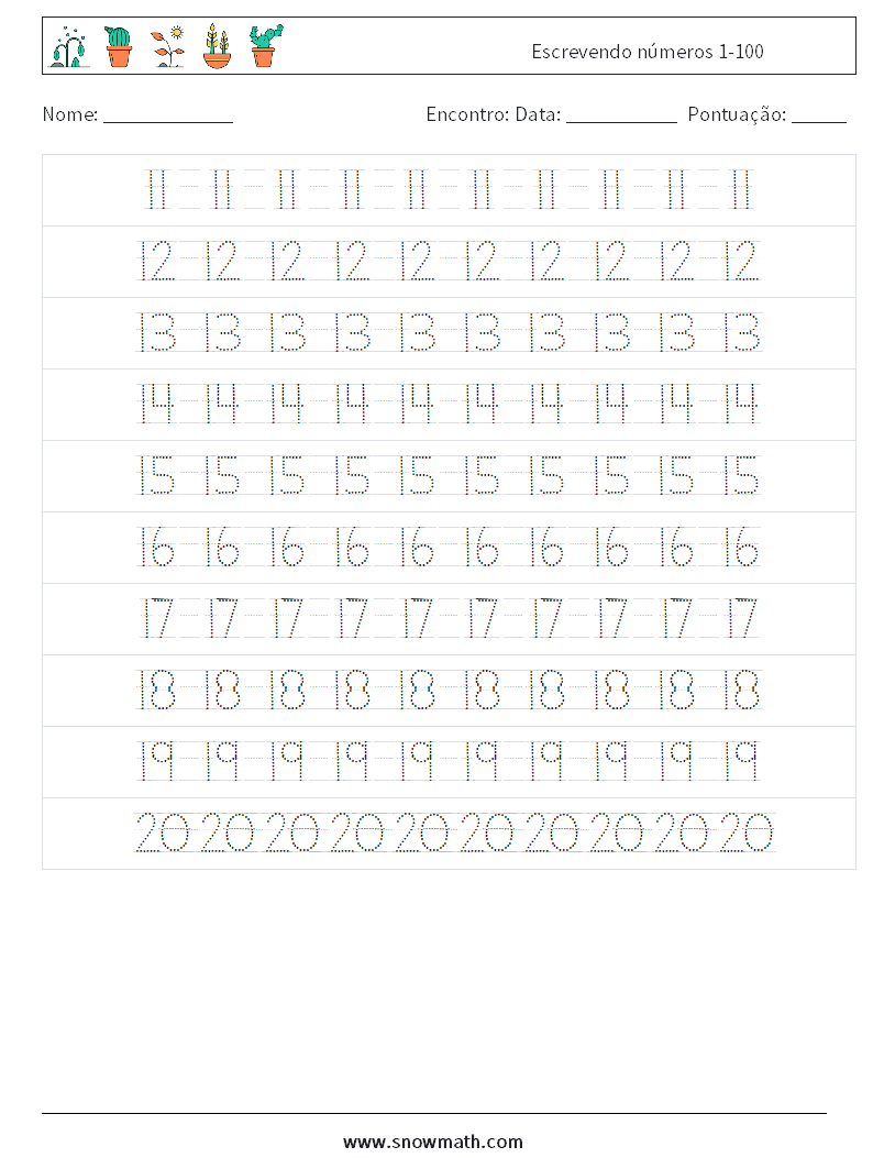 Escrevendo números 1-100 planilhas matemáticas 4