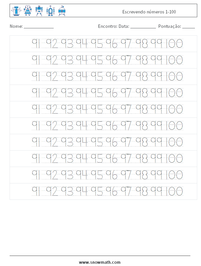 Escrevendo números 1-100 planilhas matemáticas 40