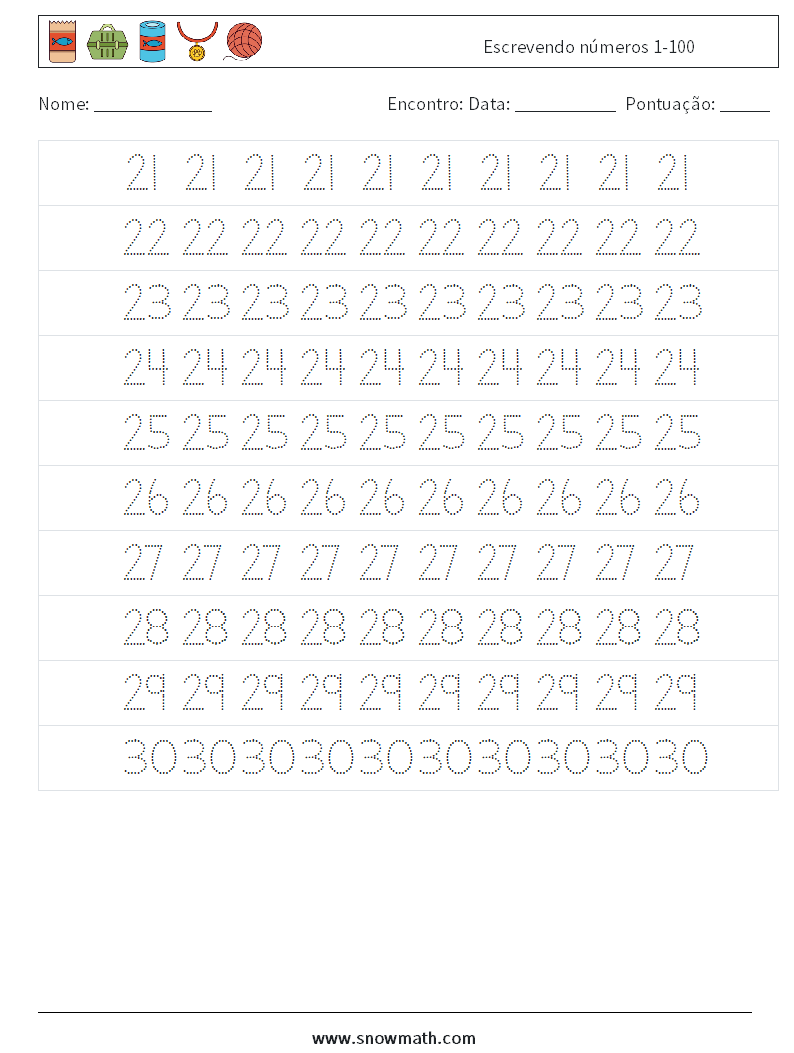 Escrevendo números 1-100 planilhas matemáticas 5